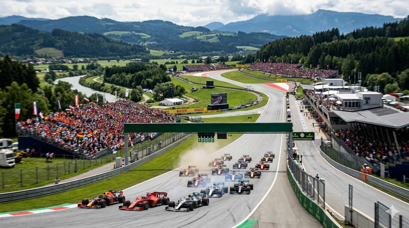Formula 1 cars racing into the first corner at a modern grand prix circuit.